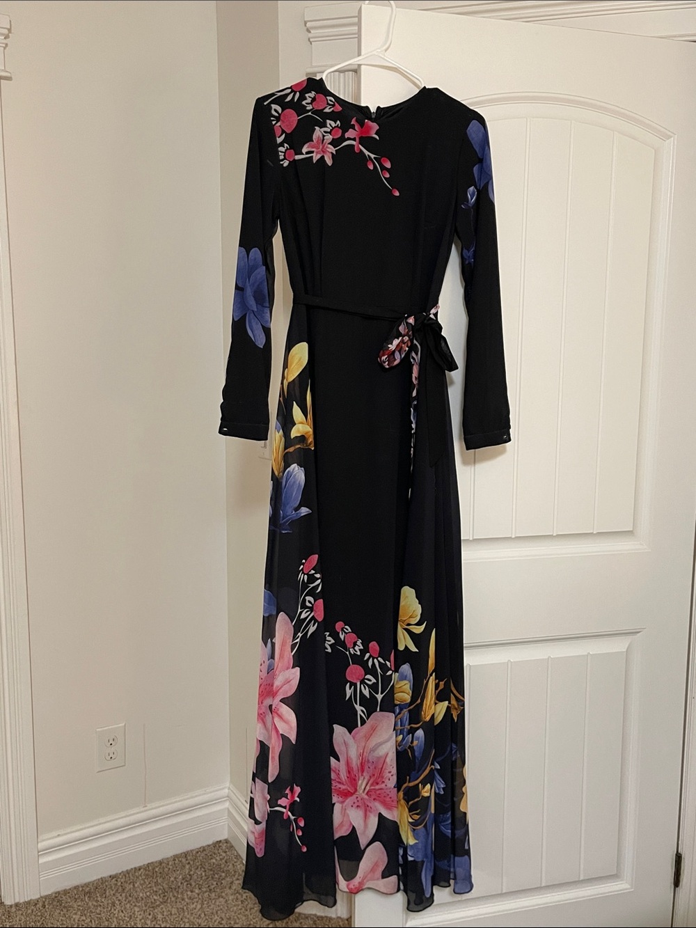 Floral Black Maxi Wrap Dress with Pink & Blue Blooms